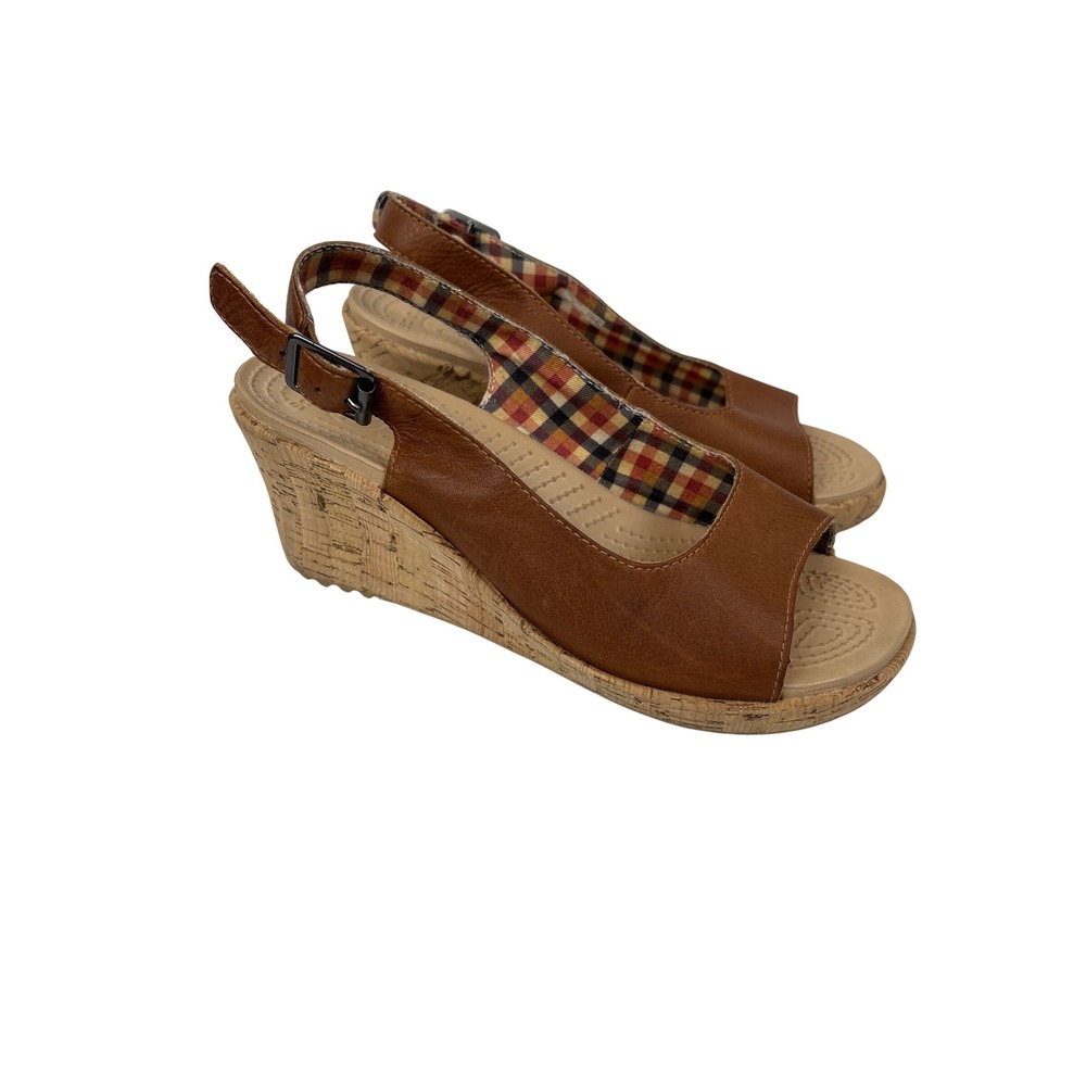 Crocs Leigh Wedge Sandals Brown Leather Cork Peep Toe Slingback Womens 7 Comfort